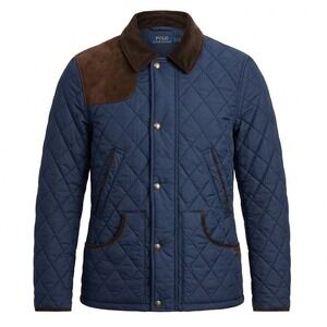Polo Ralph Lauren MEDIUM Navy Quilted Jacket Shoulder Corduroy Collar - CJ